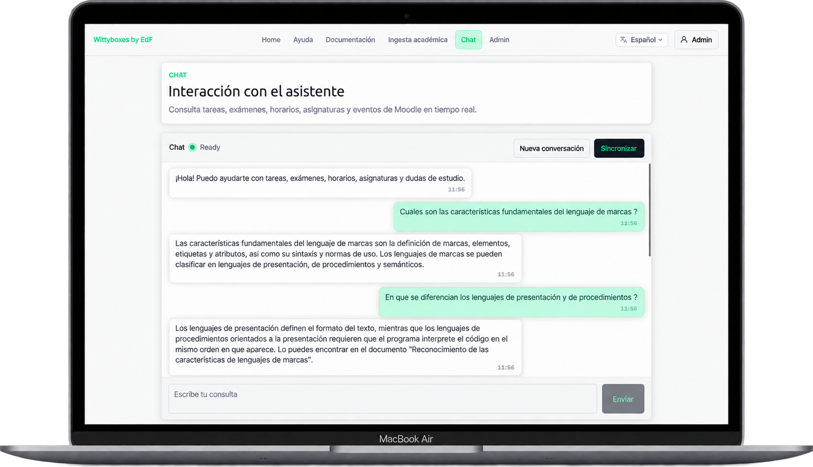 Captura real del chat de Witty Boxes
